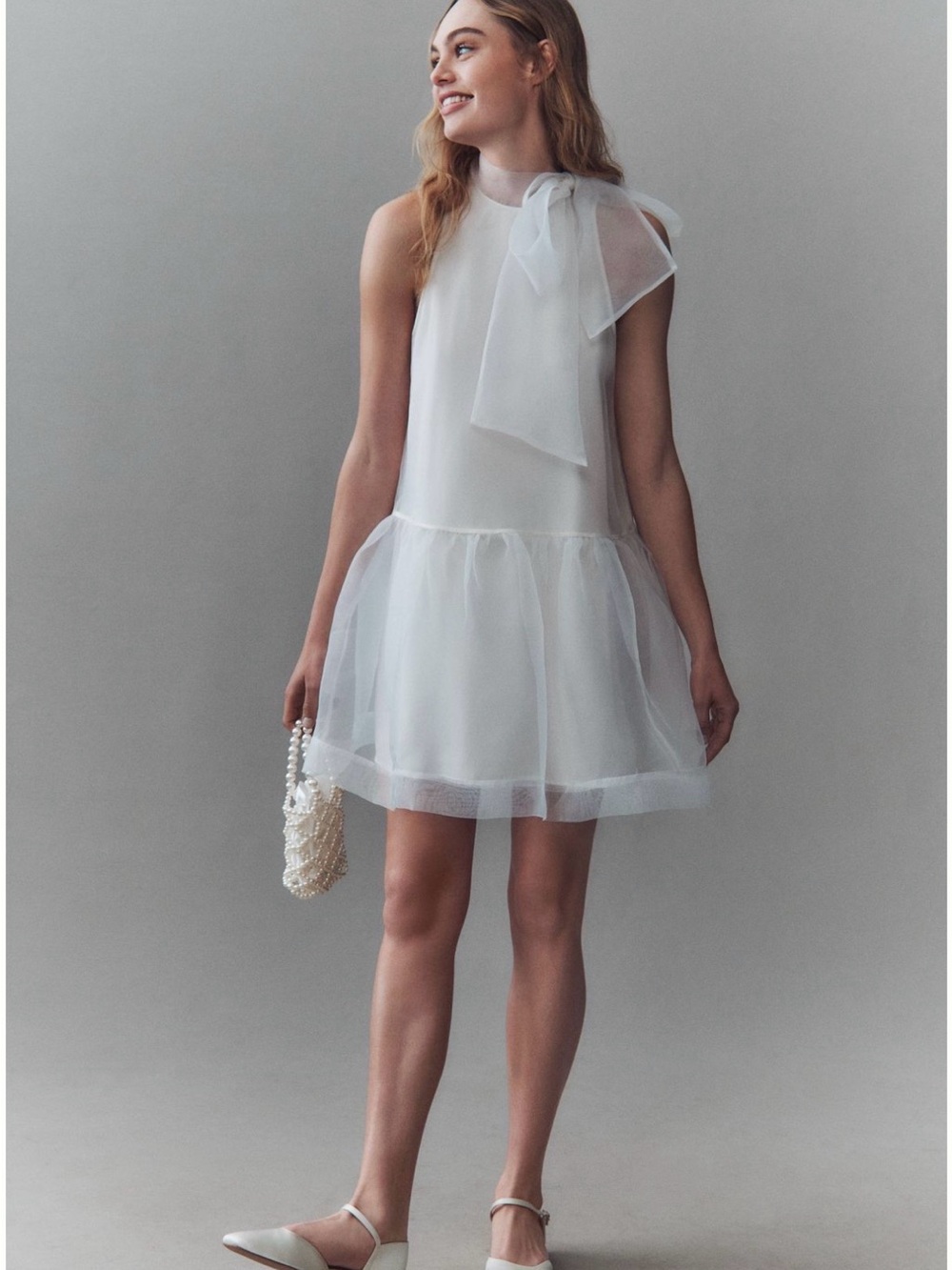 BHLDN White Organza Mini Dress with Neck Bow